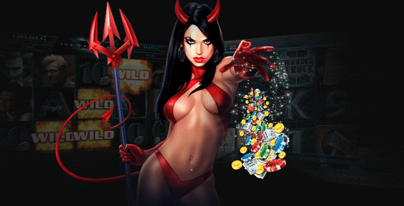 Сексуальная демонеса в откровенном наряде позирует на фоне игровых автоматов от Микрогейминг