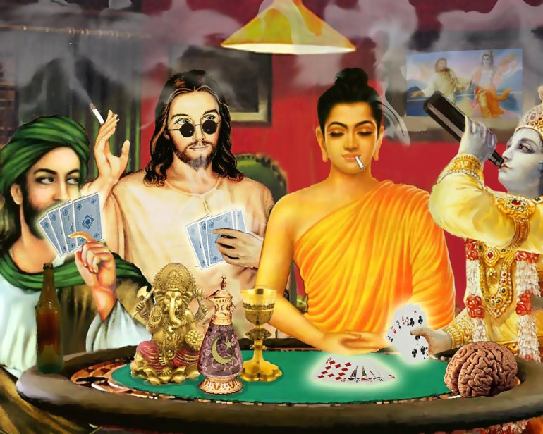 Боги различных религий играют в азартные игры с сигаретами и алкоголем