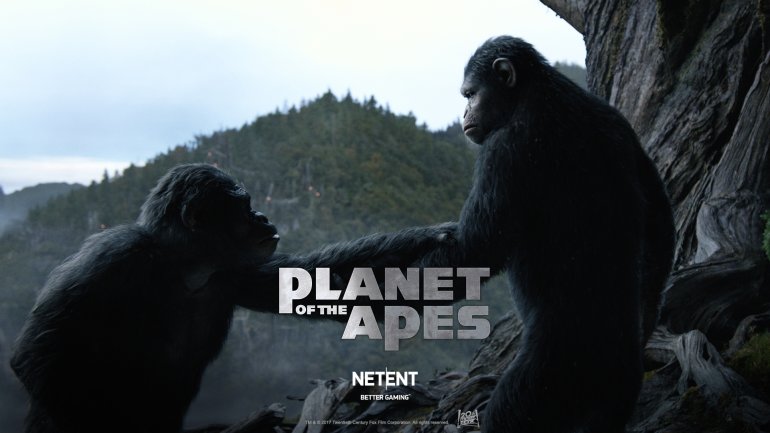 Две обезьяны из фильма Планета обезьян на заставке игрового автомата Планета обезьян от Net Entertainment