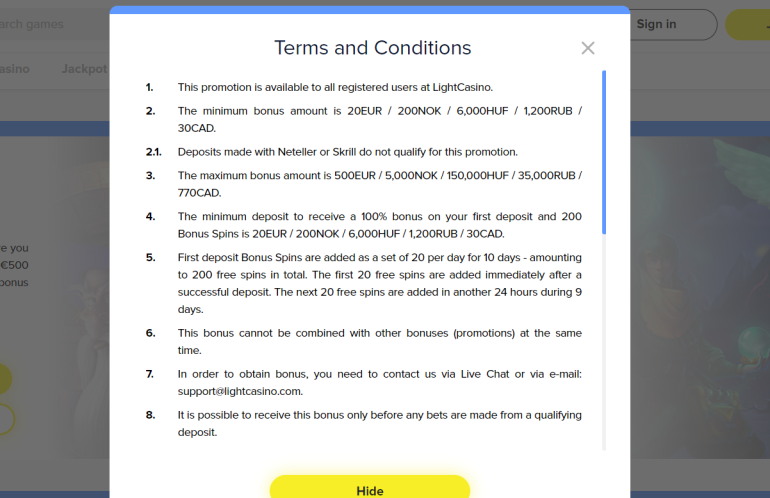 в 100% бонус на первый депозит до €500 в Light Casino 100% бонус на первый депозит до €500 в Light Casino