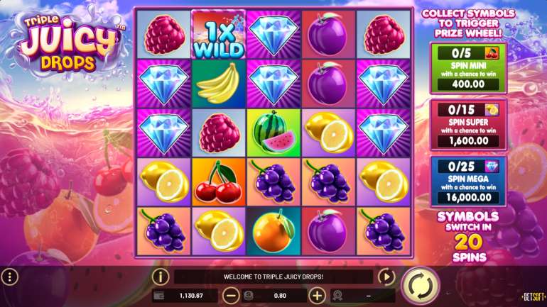 Слот посвящен фруктам в Тройные Капли Сока Тема в Triple Juicy Drops