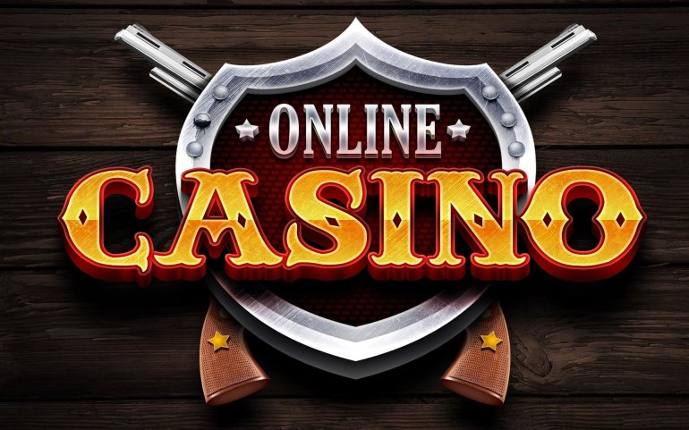 Логотип онлайн казино с револьверами и значком